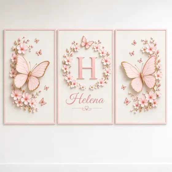 Kit 3 Quadros Decorativos Infantil Borboletas Floral Personalizado com Nome