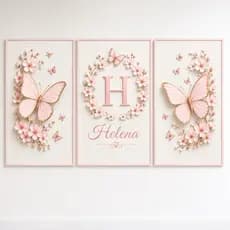 Kit 3 Quadros Decorativos Infantil Borboletas Floral Personalizado com Nome