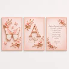 Kit 3 Quadros Decorativos Infantil Borboleta Floral Personalizado com Nome e Oração Santo Anjo