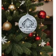 Enfeite de Natal Bola Presépio Sagrada Família Relevo Neve - Decoração Árvore Natalina Delicada
