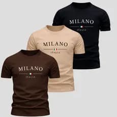 Kit 3 Camiseta Masculino 100% Algodão Camisa Milano Streetwear Blusa Gola Redonda