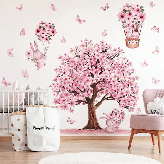 Adesivos de parede rosa flor de pêssego adesivos de parede dos desenhos animados borboleta auto-adesivo de pare