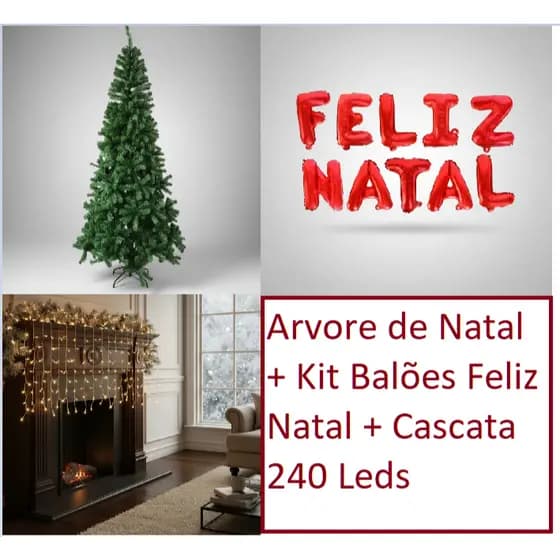Kit Arvore de Natal + JG Balões Feliz Natal + Cascata 240 Led Jogo Festa Natalina Pinheiro Pisca Pisca Fachada Decoração
