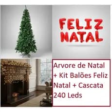 Kit Arvore de Natal + JG Balões Feliz Natal + Cascata 240 Led Jogo Festa Natalina Pinheiro Pisca Pisca Fachada Decoração
