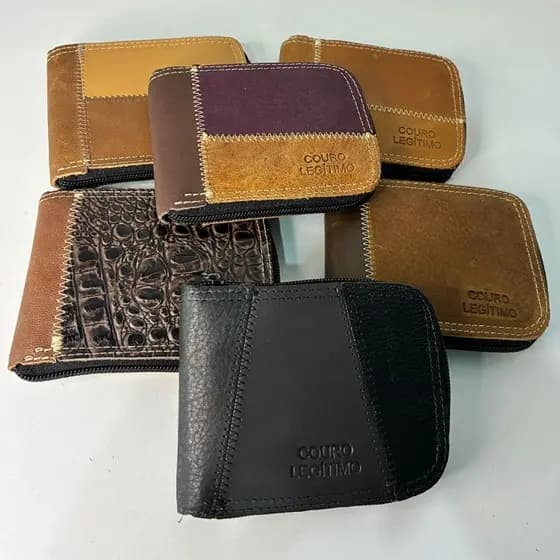 Kit 2 Carteira Couro Retalho Fecho Ziper Cabe Dinheiro RG Cartoes Plastico Interno  com  porta  moedas