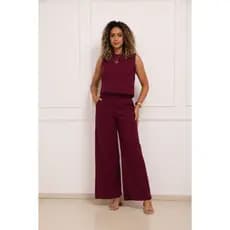 Conjunto Feminino Calça + Blusa Linho Pantalona Bolsos Laterais Social M ao G2