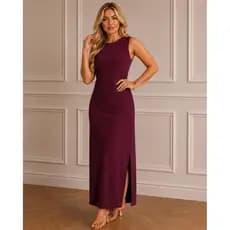 Vestido Feminina longo midi em linho com Forro zíper nas Costas Elegante com Fenda Lateral