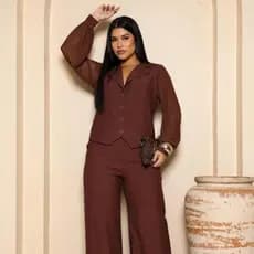 Conjunto Aurora Calça Pantalona Tecido Sensorial Marrant com manga de tule