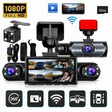 Camera Veicular WiFi 4 Câmeras 1080P Full HD 64GB Visão Noturna DVR Câmera de Ré Tela 3