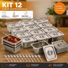 Kit de 12 Cubas Gastronômicas C/Tampa Buffet Inox 1/9x100mm Tampas E Colheres Inox
