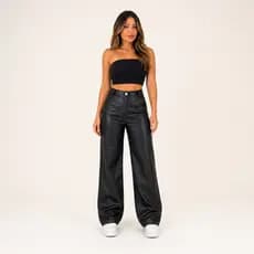 Calça Feminina Wide Leg Pantalona Couro Fake Premium Cintura Alta Preta