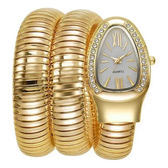 Relógio Feminino Luxo Serpente Dourado – Bracelete Ajustável com Strass e Design Moderno