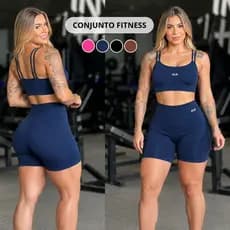 Conjunto Fitness Feminino Poliamida Short Cintura Alta  Top Duplo Alcinhas Finas Sem Bojo KLN