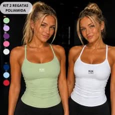 Kit 2 Regata Alça Fina Poliamida Blusa Fitness Forrada Feminina Slim Camiseta Básica Academia KLN