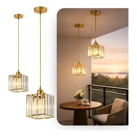 Kit 2 Lustre Pendente Cristal K9 Quadrado Dourado E27 Bivolt Moderno Sala Quarto Iluminação Decorativa Luxo Hight