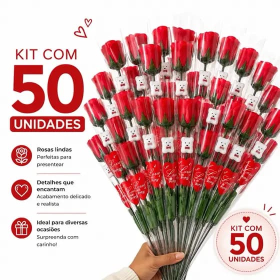 50 Rosas Artificiais Botão Artificial Botões Vermelho Flor Sabonete Presente Dia dos Pais Formatura