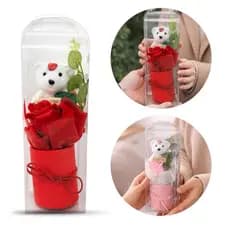 Buquê de Flores Artificiais na Caixinha Presente com Ursinho Para Dia das Mães com Perfume