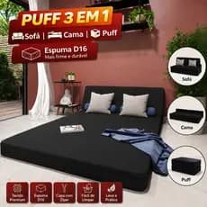 Puff Colchonete 3 em 1 vira cama tamanho casal versátil e fácil de montar e desmontar cor preto