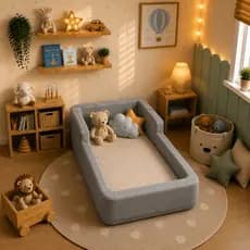 Berço Cama Infantil com Proteção nas Laterais e Acabamento Estofado Premium Suede Montessori 100% Espuma