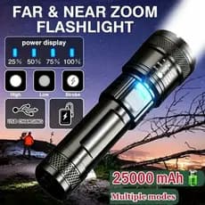 Lanterna Tática LED Militar Forte 4 em 1 USB Recarregável Zoom Longo Alcance Resistente à Água para Camping e Emergência
