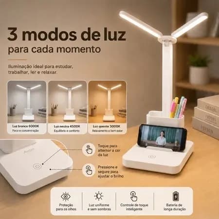 Abajur Duplo Portátil Sem Fio Luminária Mesa LED Articulável Bateria Longa Duração Para Quarto Escritório