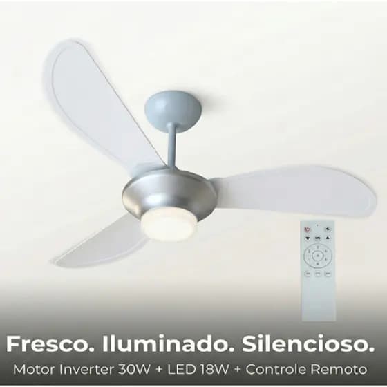 Ventilador De Teto Inverter Mistral Led 3 Pás Com Controle Remoto Ventisol Branco e Prata Bivolt Silencioso