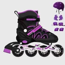 Patins Roller Inline Infantil Ajustável Roxo Com Luz De Led Com Kit Proteção Profissional Promoção