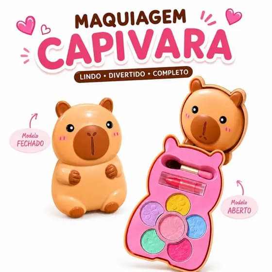 Kit de Maquiagem Infantil Capivara Antialérgico com Estojo  Pincel e Batom