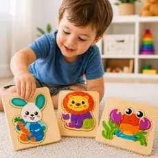 Brinquedo Montessori Infantil Quebra Cabeça 3D Madeira kit 3 unidades de 6 a 8 Peças