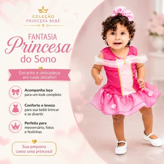 Fantasia Bela Adormecida Bebê mêsversario Vestido Princesa Aurora Cosplay Rosa Infantil
