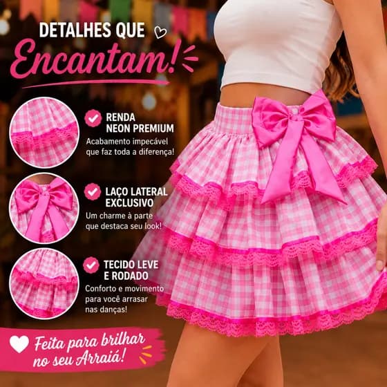 Saia Junina Adulta Rosa com Laço Removivel –Caipira Rodada Festa Junina Arraiá