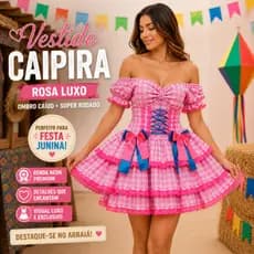 Vestido Junino Adulto Rosa Xadrez Luxo Com Laço Festa na Roça Caipira