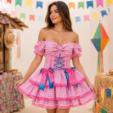 Vestido Junino Adulto Quadriculado Rosa Xadrez Luxo Com Laço Festa Caipira
