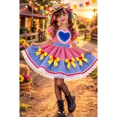 Fantasia Vestido São João 050 Infantil Festa Junina Caipira Luxo Xadrez Rodado Quadriculado Vermelho Azul com Rendinha