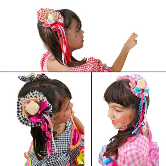 Kit - 2 Presilhas de Cabelo Xadrez com Laço Festa Junina Caipira Quadriculado: Vermelha, Rosa, Preta