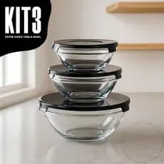 Kit 3 Potes Vidro Tigela Bowl Marmita Organizadores Com Tampa Redondo