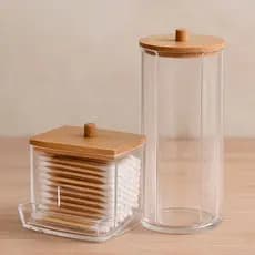 Organizador Algodão E Cotonetes Acrílico Tampa Bambu Kit