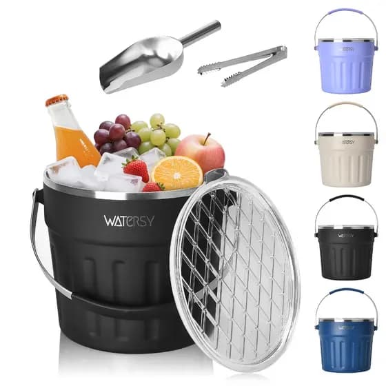 WATERSY Balde de Gelo 7.7L | Aço Inoxidável com Tampa, Pá e Pinças | Para Festa, Churrasco e Camping