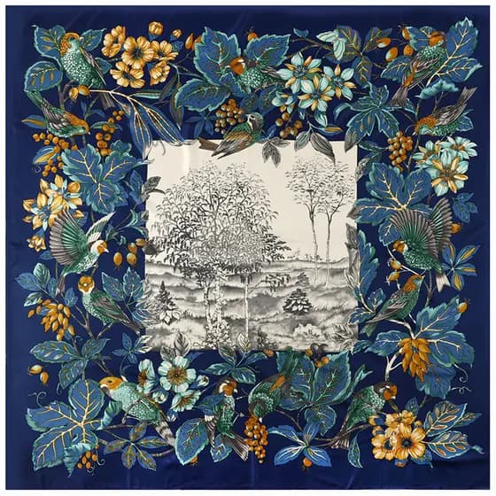Lenço de Seda Feminino, Estampa Floral da Selva, Lenço Quadrado de Cetim Twill 130cm