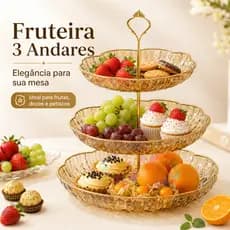 plástico Luxo Fruteira de Mesa 3 Andares Transparente Dourada Porta Doces Frutas Petiscos Festa Cozinha