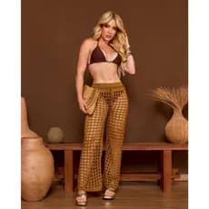 Calça Saida De Praia Feminina Wide Leg Pantalona Tricô Crochê Vazada com Cordão Verão