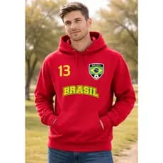 Blusa Moletom Canguru Masculino Brasil 13 Vermelho Estampado Casual Confortável