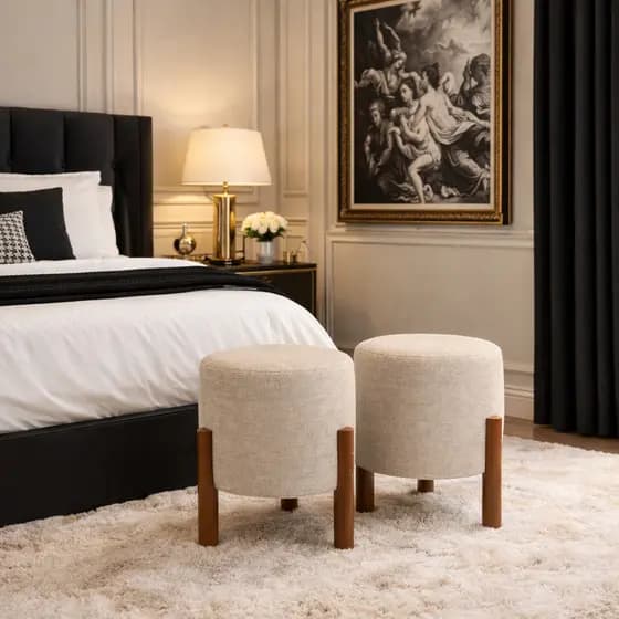 Puff de Linho Apollo Redondo Decorativo Moderno Luxuoso Confortável Sala Copa Escritório Quarto Branco Cinza Bege