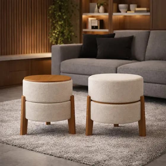 Puff Mesinha Exclusivo Moderno Banqueta Decorativo Sala Quarto Escritório Luxuoso Apartamento 2 em 1 Cinza Bege Branco