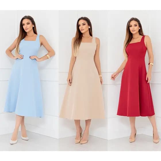 YAN FASHION Vestido Midi Feminino Alfaiataria Premium  Godê Elegante Alça Larga Decote Quadrado