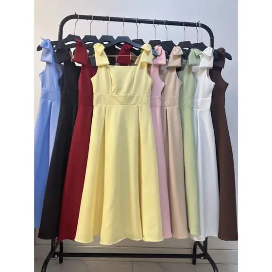 YAN FASHION Vestido Midi Feminino Em Alfaiataria Com Laço Nos Ombros E Saia Rodada Elegante