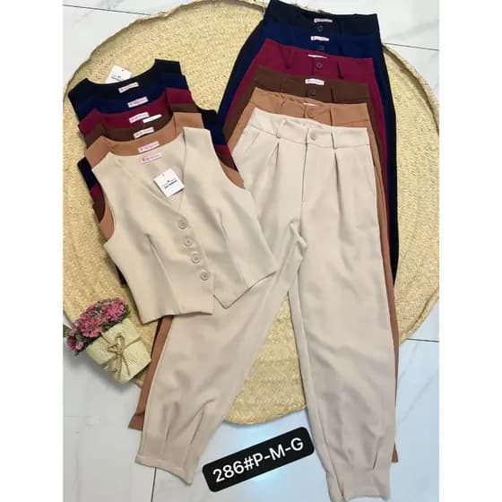 YAN FASHION Conjunto Feminino Colete e Calça Alfaiataria com Zíper na Barra Elegante Social