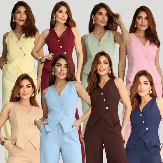 YAN FASHION | Conjunto Colete Transpassado e Calça Pantalona com Botões Dourados — Elegância e Atitude em cada Detalhe