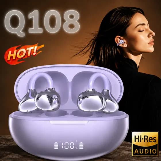 Fone Q108-TWS Bluetooth 5.4 com Clipe Auricular, HiFi, Sem Vazamento, Leve e Estojo com LED