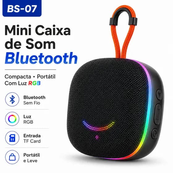 Caixa de Som Bluetooth Portátil BS-07 com Luz RGB, Entrada TF, USB-C, Alça para Transporte e Som Estéreo